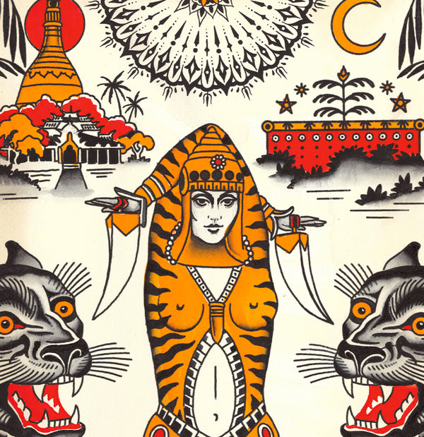 ‘Tiger Lady’ Fine Art Giclee print by Tony Blue Arms printed by Few and Far Studio for Few and Far Co.